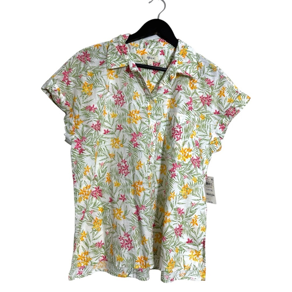 Style & Co Tropical Floral Rihanna White Blend Button-Up Shirt Size Large NWT